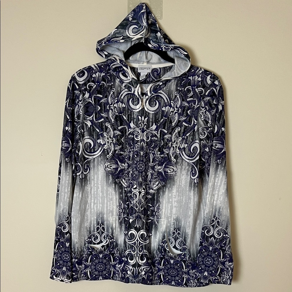 ZENERGY BY CHICO'S ZIP FRONT HOODED PURPLE RHINESTONE SWEATER 1 y2k